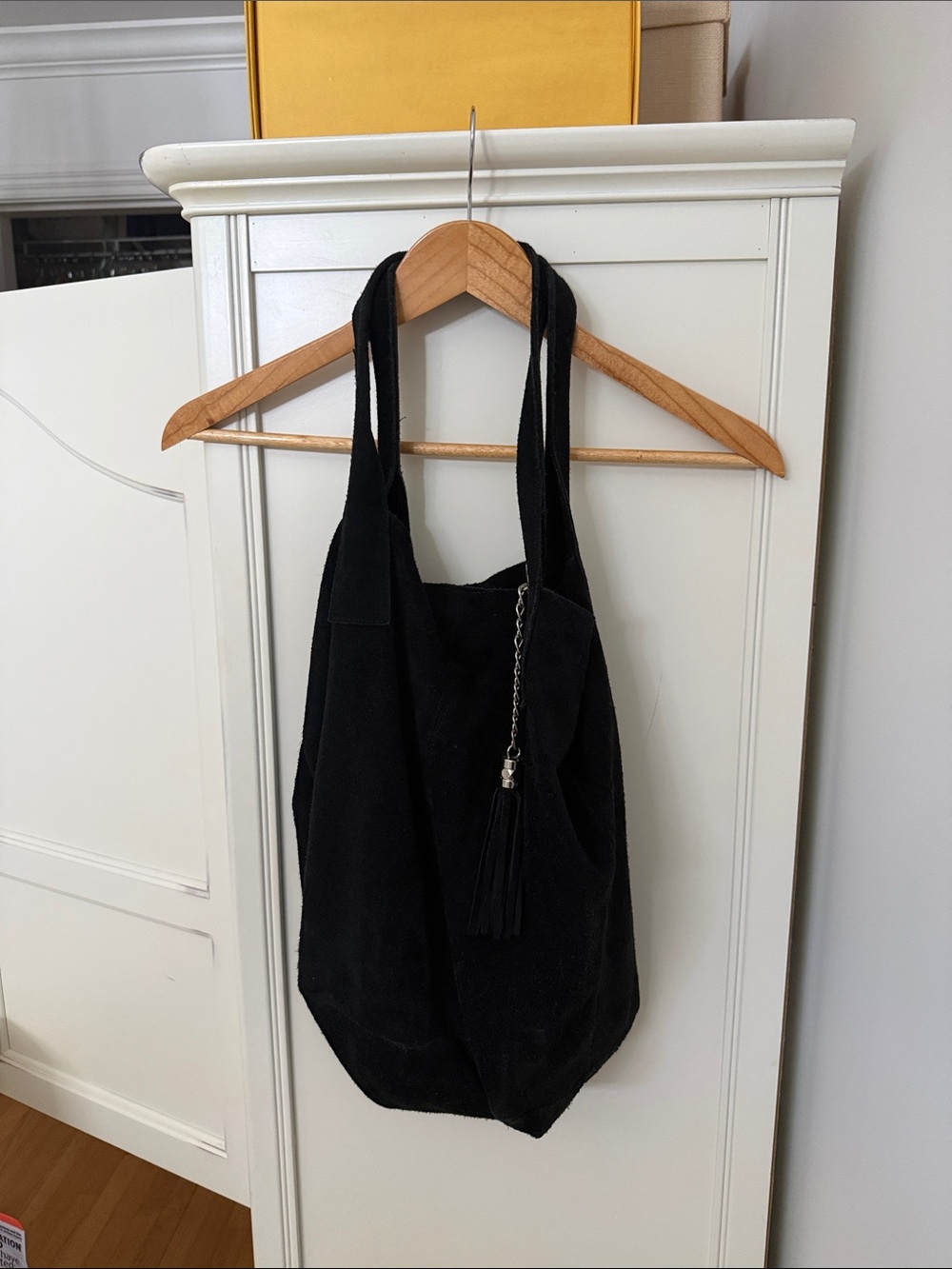 Black Suede Leather Tote Bag with Tassel